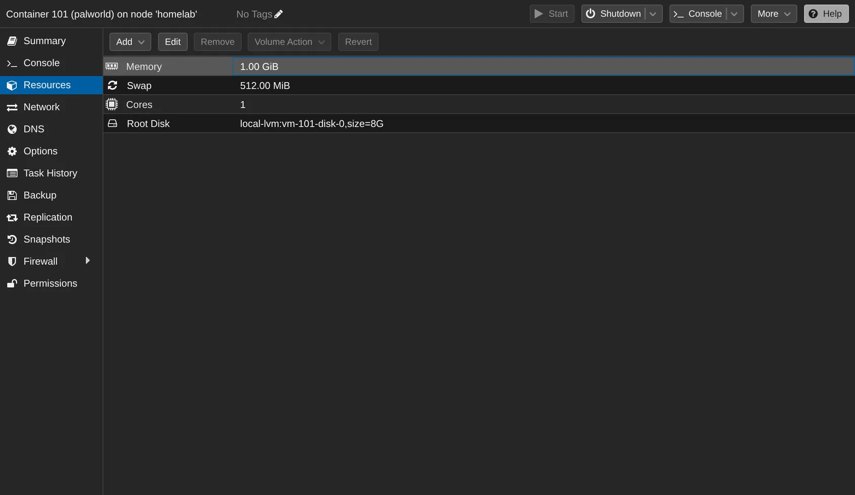 Open the container's Resources tab.