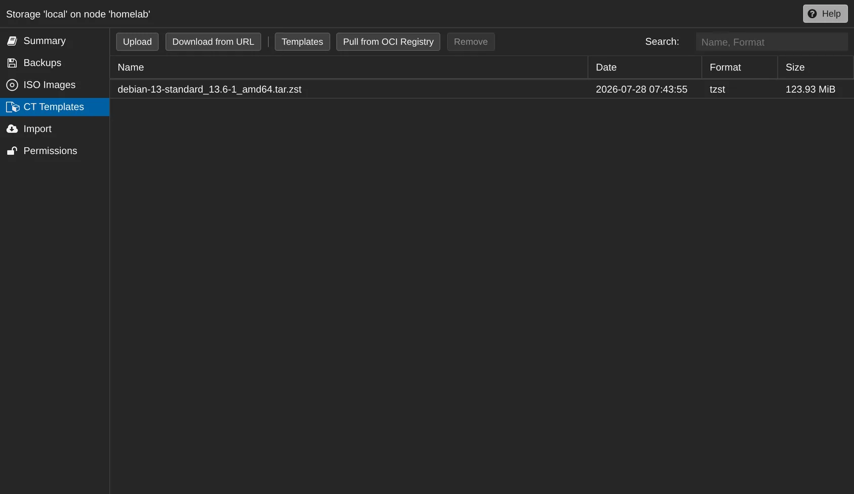 The CT Templates view of the local storage, with the Templates button in the toolbar.