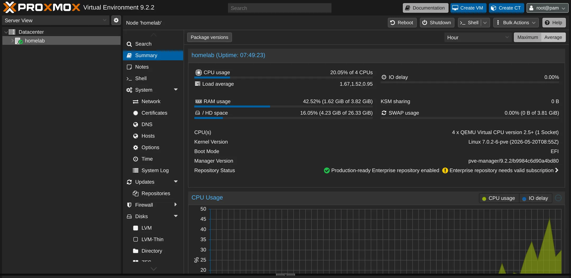 Select the homelab node in the left tree.