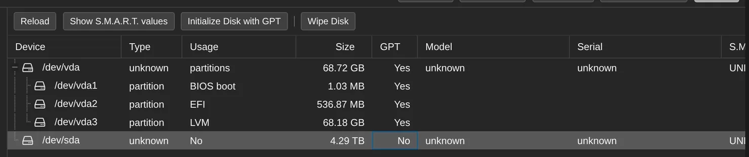 Initialize the wiped disk with a GPT table.