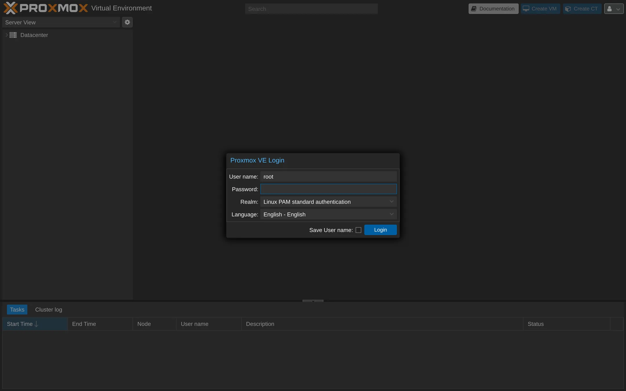 Log in as root on the Proxmox web UI.