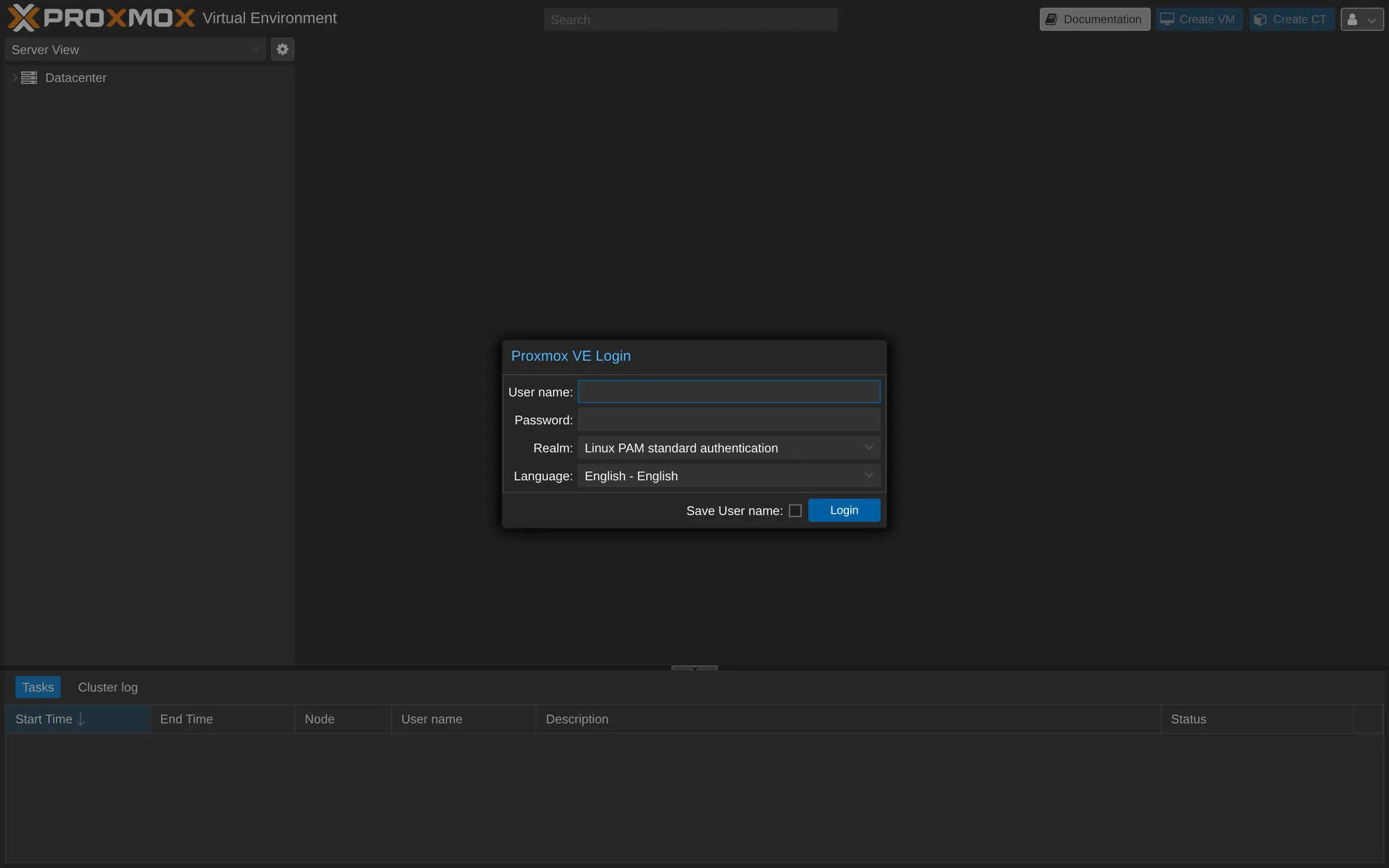 Proxmox VE login page displays.