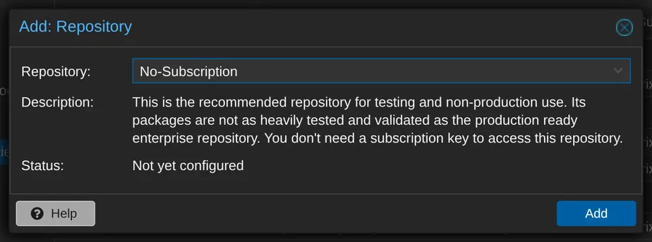 Add the No-Subscription repository from the dropdown.