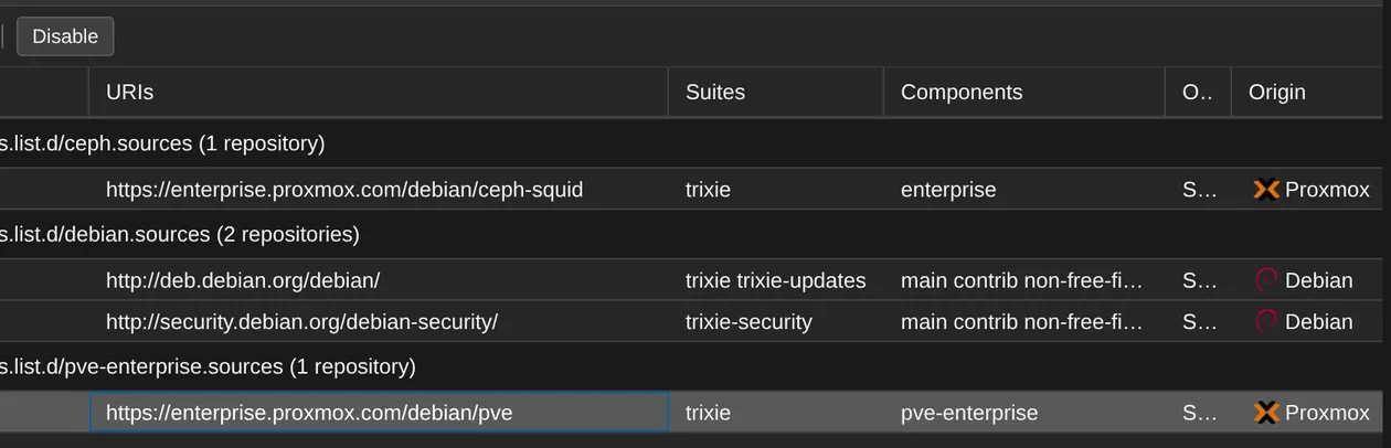 Select the enterprise row, then select Disable.