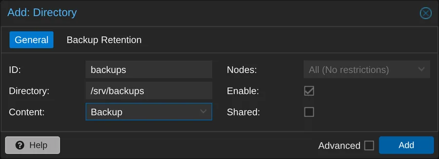 Add Directory dialog registers the backups storage pointing at /srv/backups.
