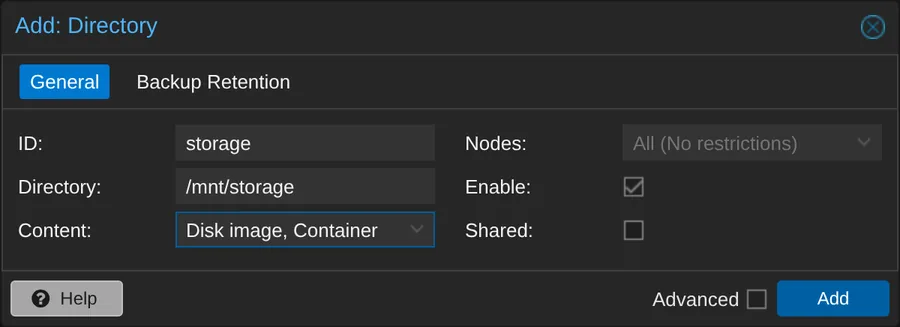 Add Directory dialog registers the storage pool pointing at /mnt/storage.