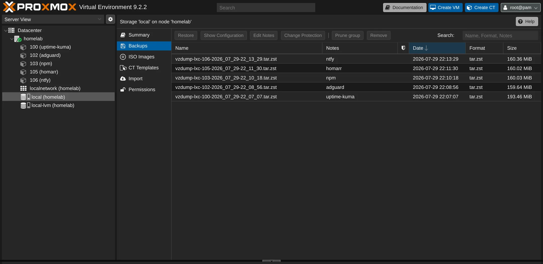 Open the storage's Backups list — one archive per container, labelled by hostname.