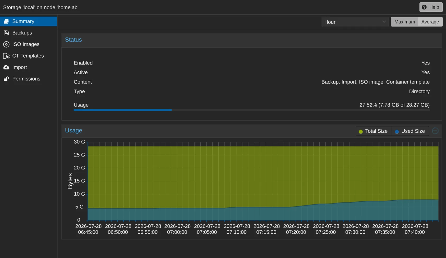 The local storage selected on node homelab, showing its Summary panel.