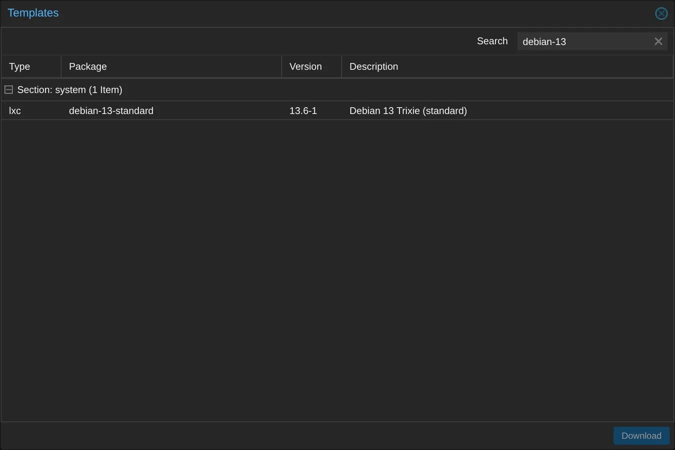 The Templates dialog, filtered to debian-13, listing the debian-13-standard package.