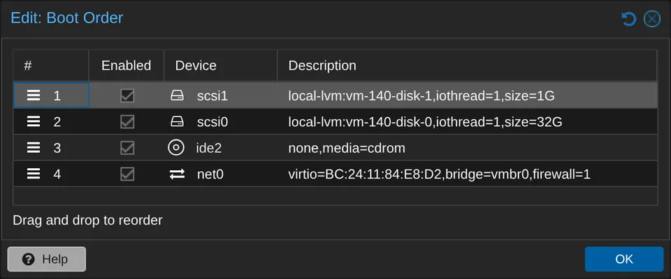 Boot Order moves the imported disk first.
