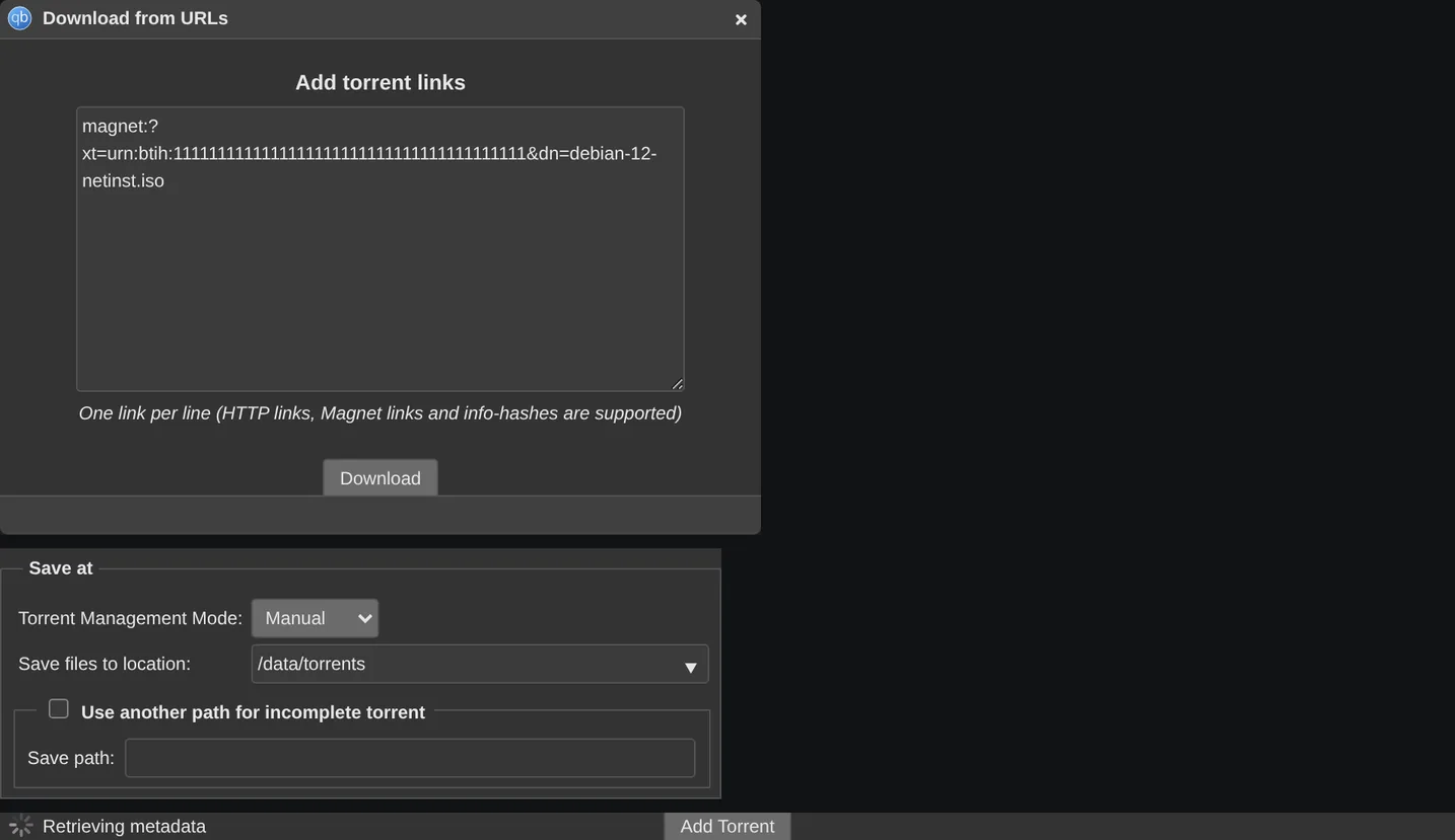 Paste a magnet link and confirm the save path.