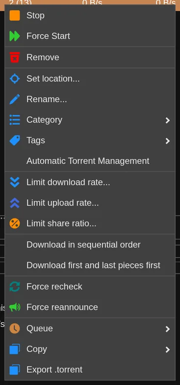 Right-click a torrent for Stop, Start, or Remove.