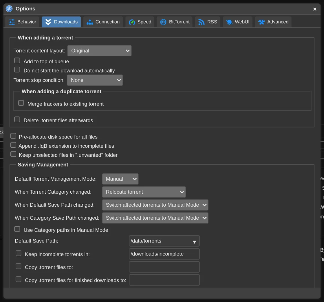 Set the default save path to /data/torrents.