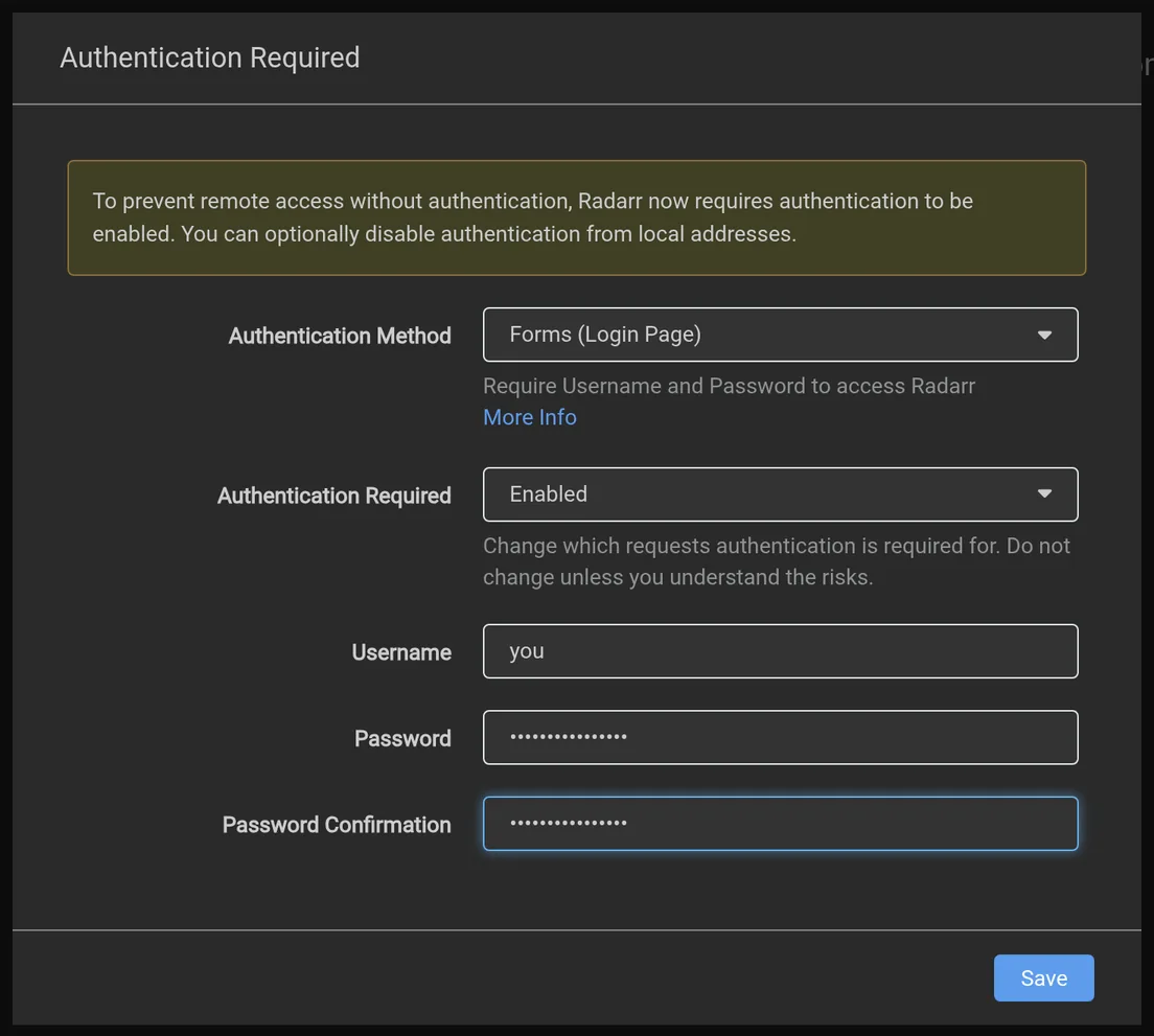 Choose Forms authentication and set a username and password.