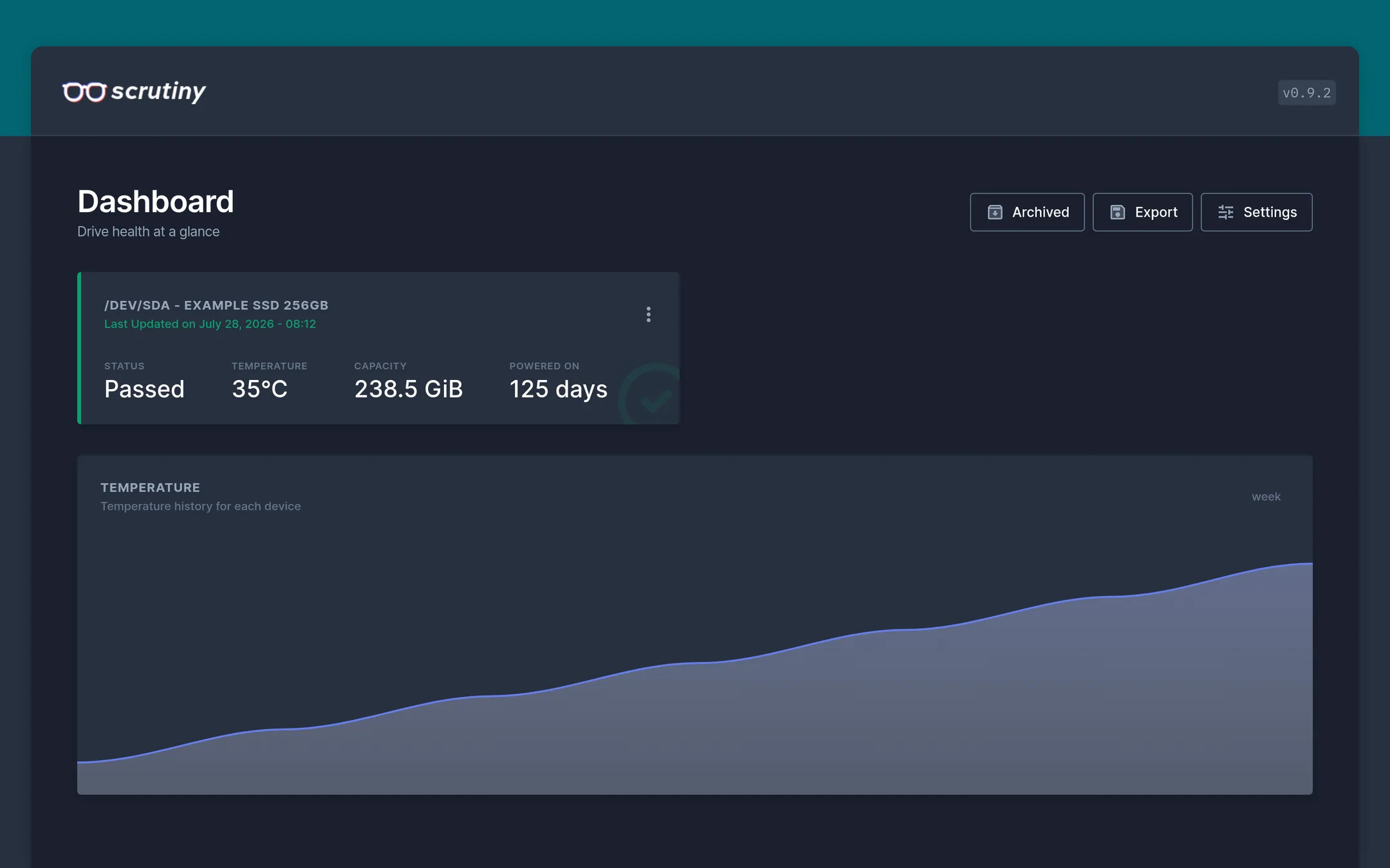 Scrutiny dashboard shows one disk card reporting passed health.