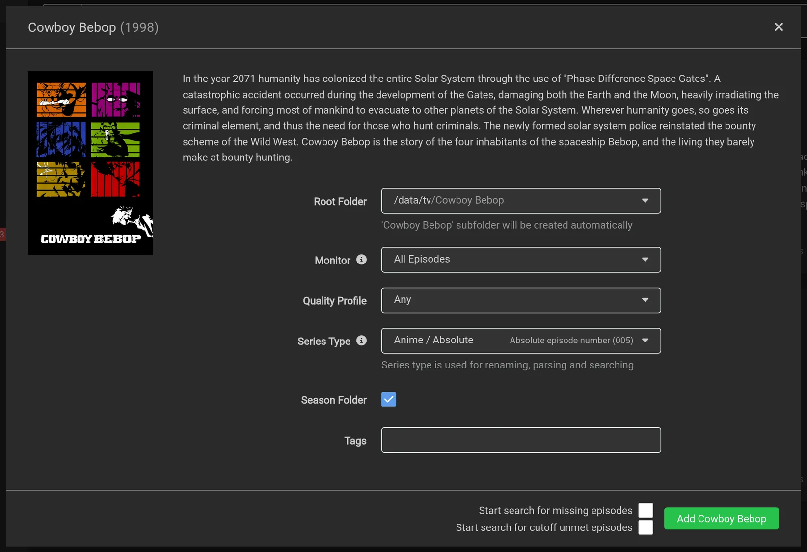 Add a series and set Series Type to Anime for anime titles.