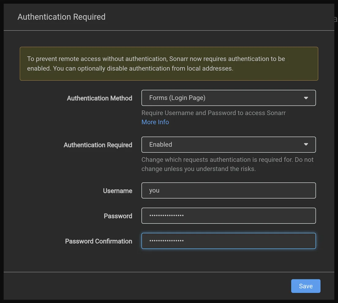 Choose Forms authentication and set a username and password.