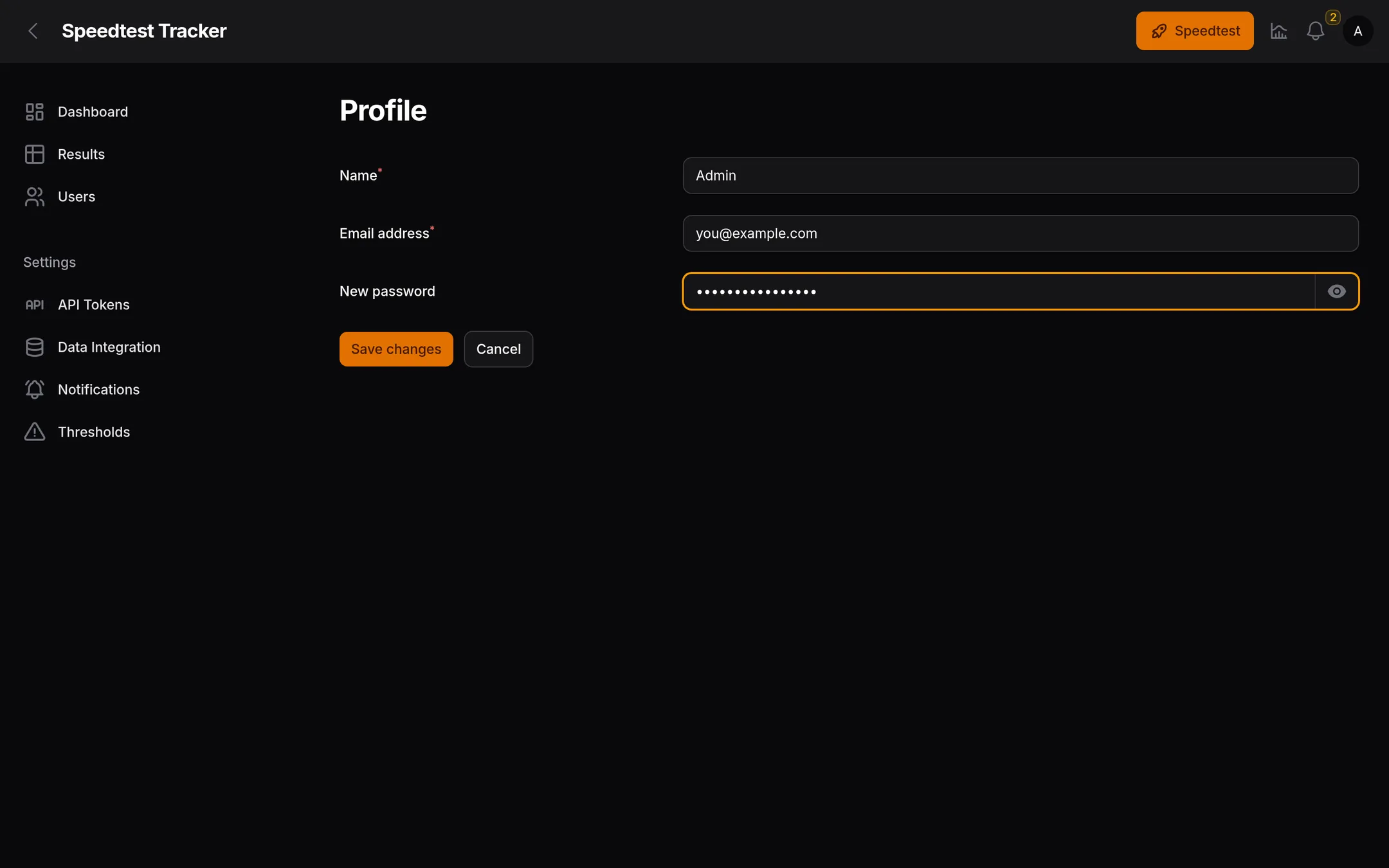 Profile page changes the default email and password.