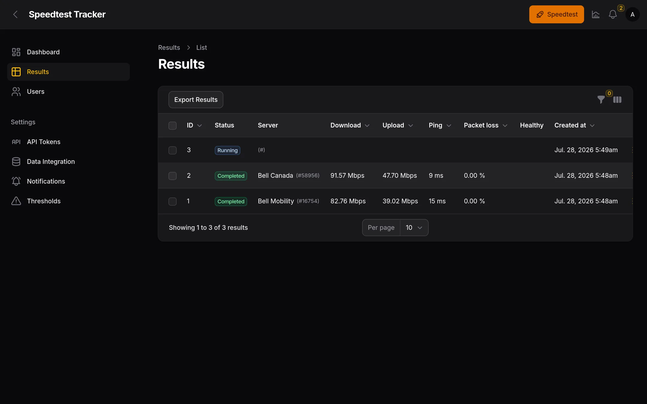 Results page lists every recorded test and its server.