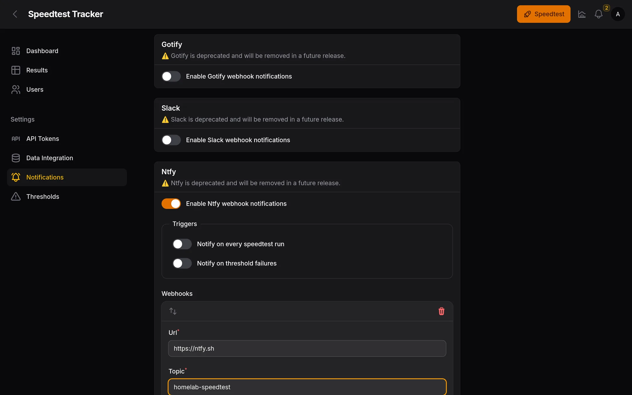 Notification setting connects a channel for failed-test alerts.