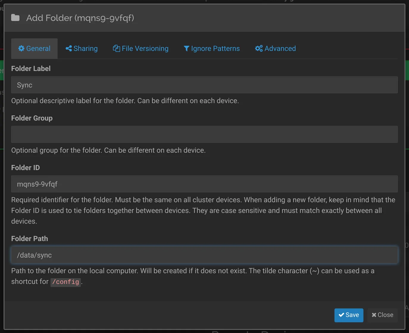Add Folder dialog sets a label, path and shared devices.
