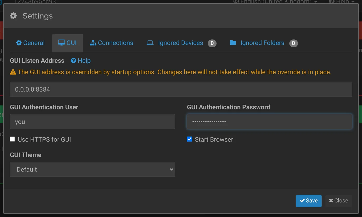GUI settings panel sets a username and password.