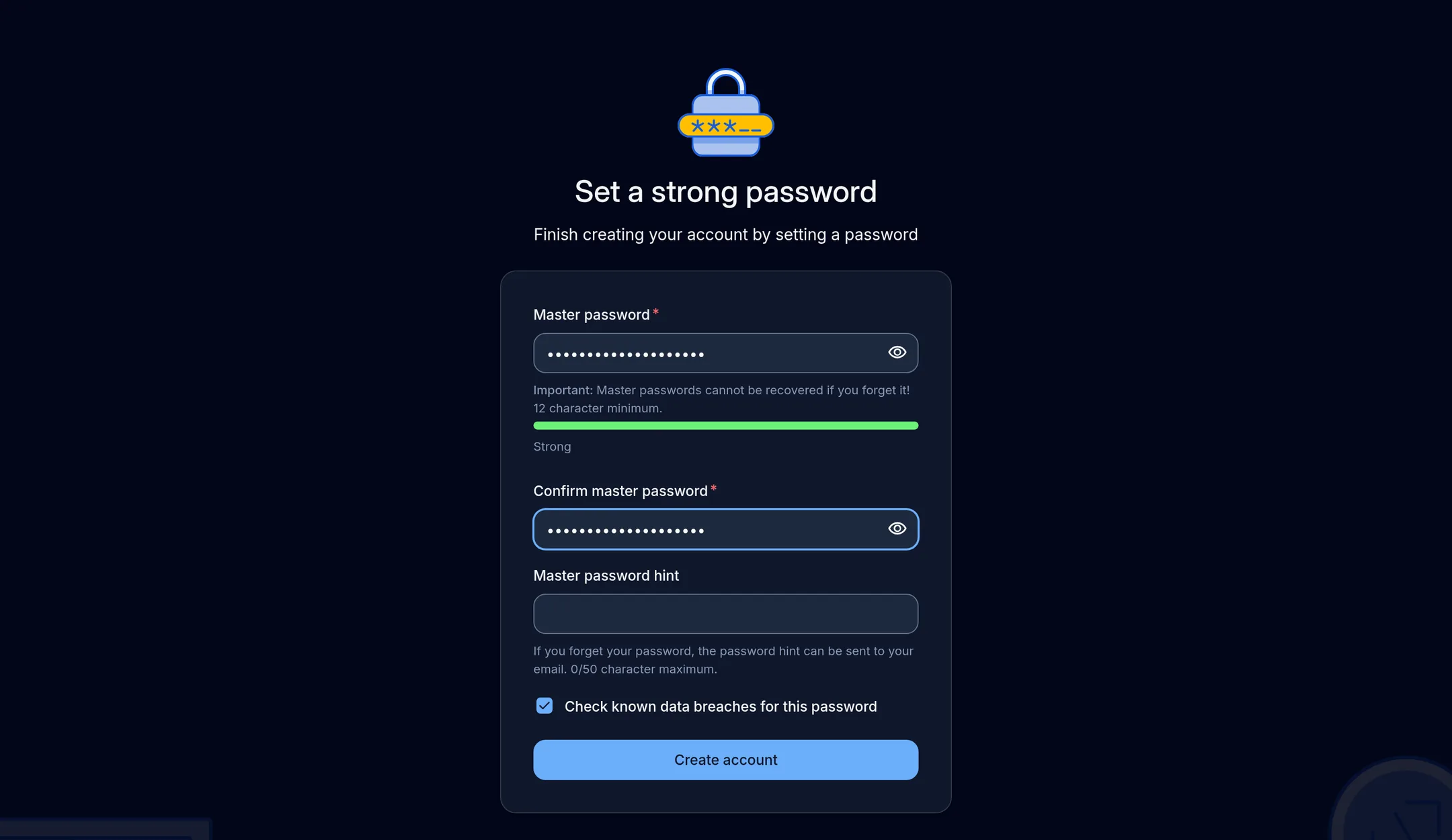 Create Account form requests a master password.