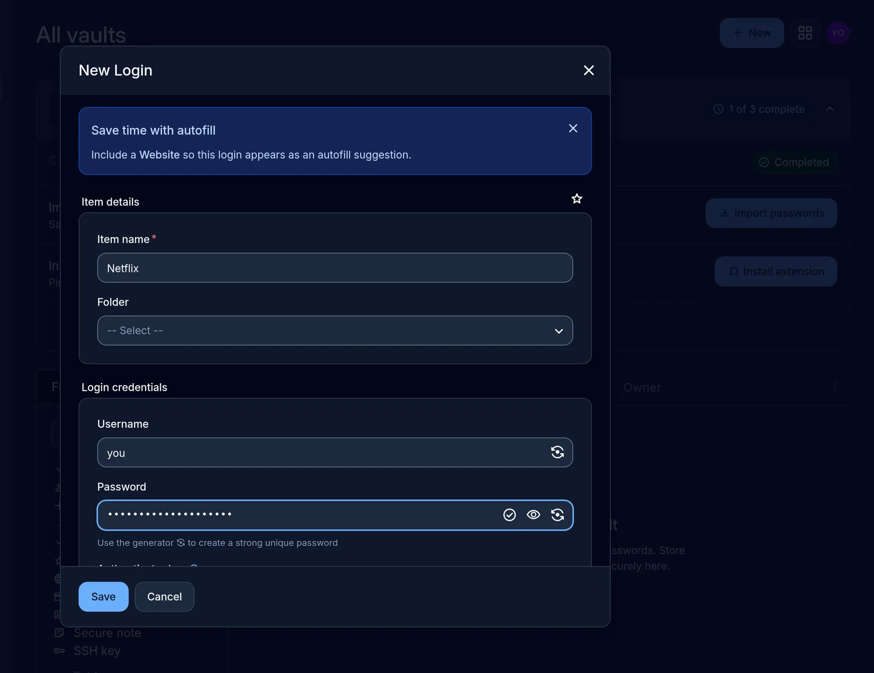 New Login dialog collects a name, username and password.