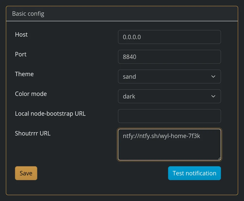 Config dialog sets the ntfy address for new-device alerts.