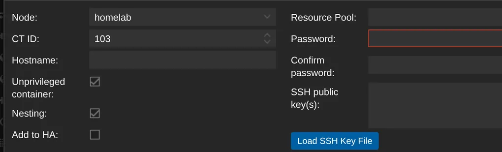 Close view of the General tab checkboxes, with Unprivileged container and Nesting both ticked.