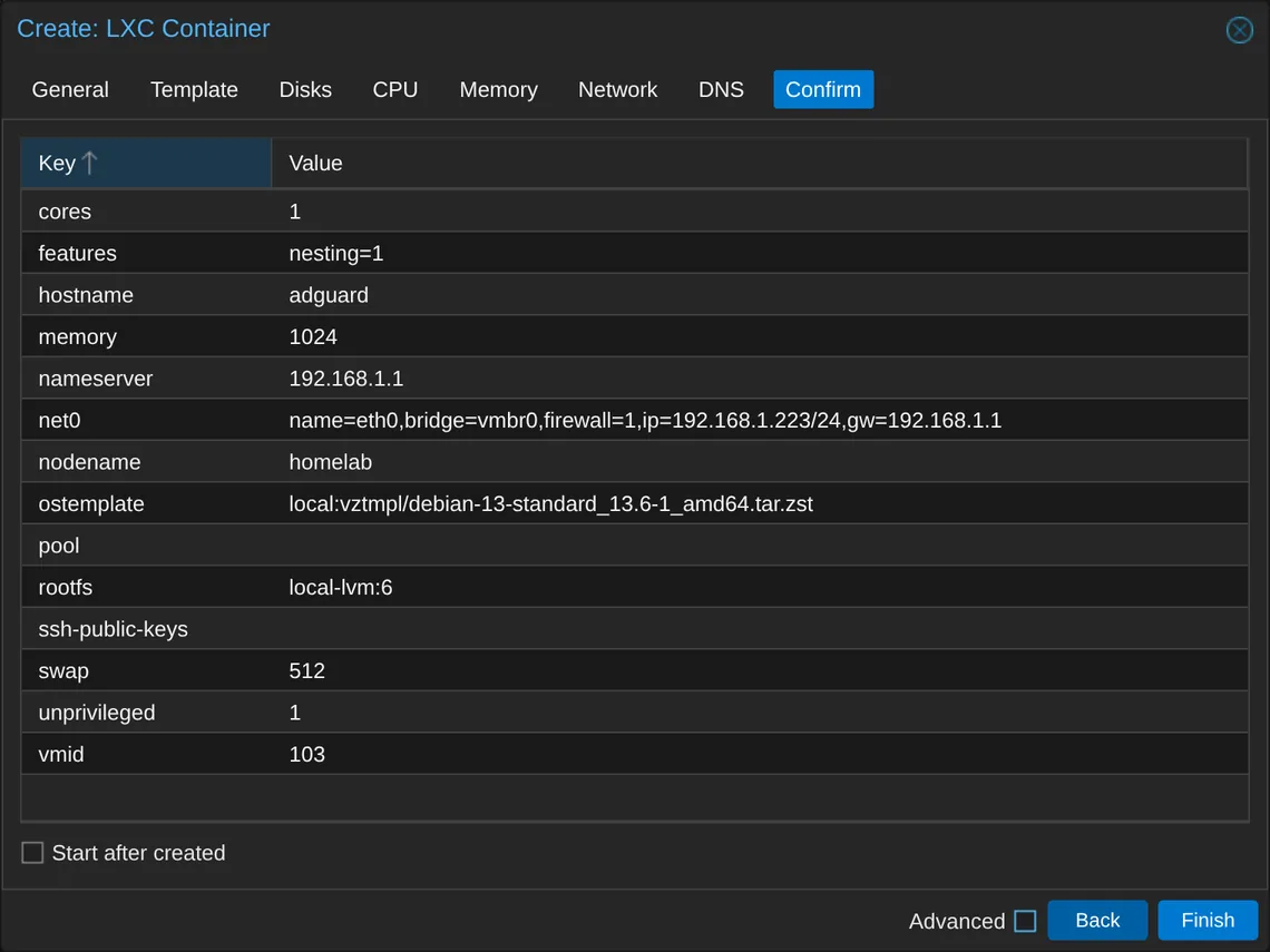 The Confirm tab summary table with the Start after created box unticked.