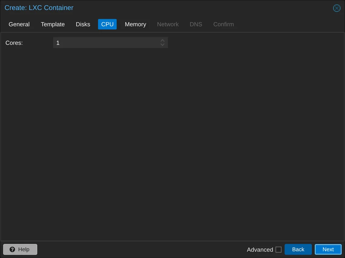 The CPU tab with Cores set to 1.