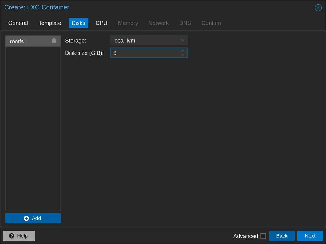The Disks tab with storage local-lvm and a 6 GiB root disk.