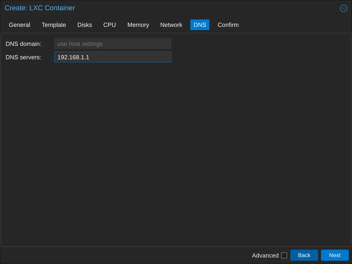 The DNS tab with an empty DNS domain field and 192.168.1.1 in DNS servers.