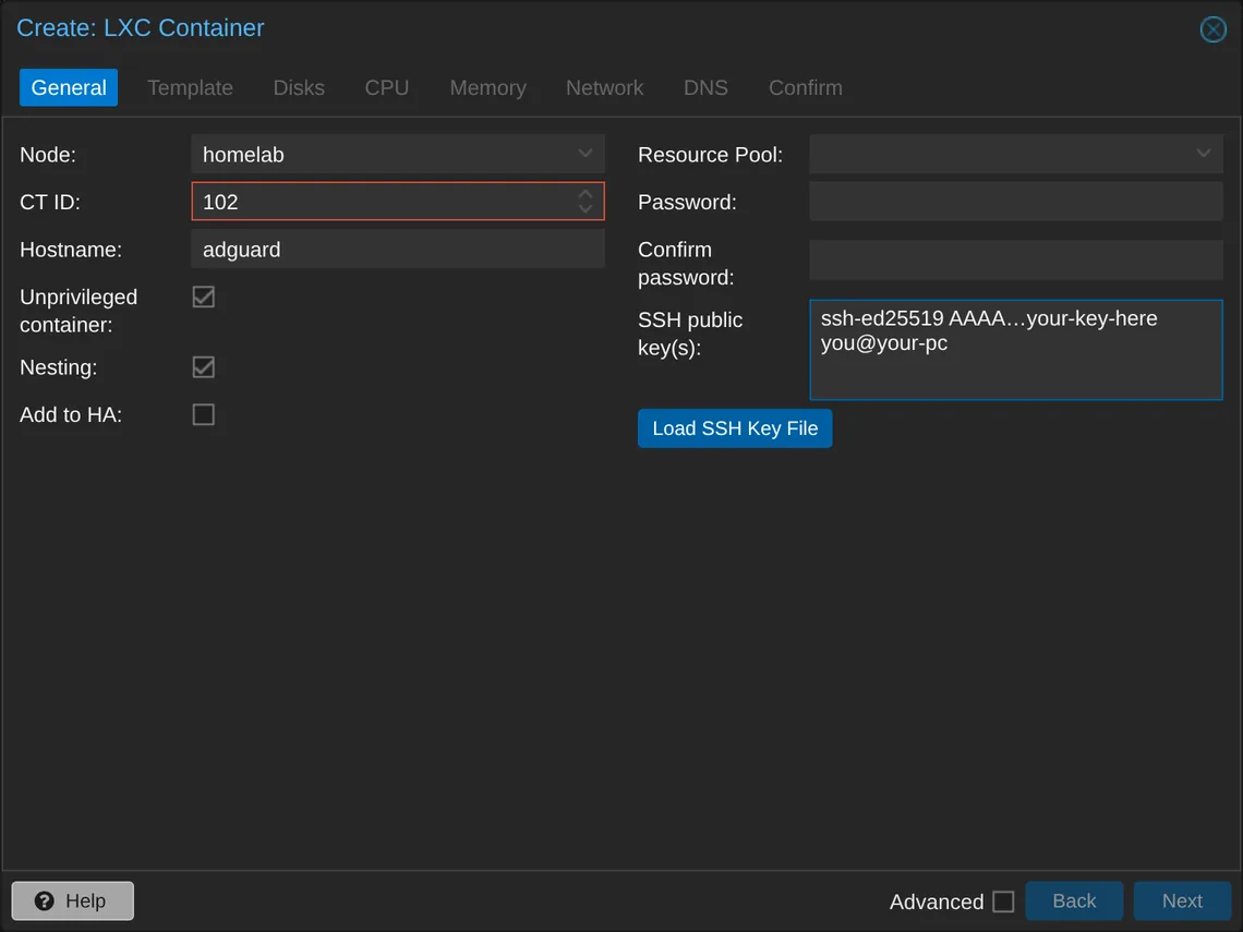 The General tab of the Create LXC Container wizard, filled with node homelab, CT ID 102 and hostname adguard.