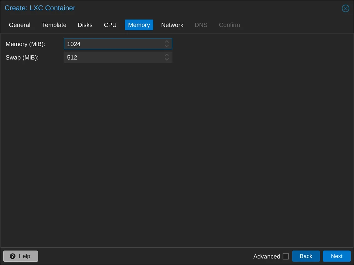 The Memory tab with 1024 MiB of memory and the default swap.