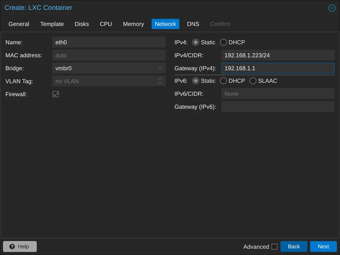 The Network tab with IPv4 set to Static, address 192.168.1.223/24 and gateway 192.168.1.1.