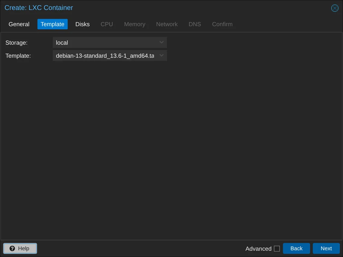 The Template tab with storage local and the debian-13-standard image selected.